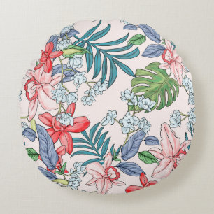 Colourful Tropical Jungle Seamless Print Round Cushion