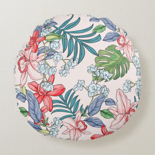 Colourful Tropical Jungle Seamless Print Round Cushion (Front)