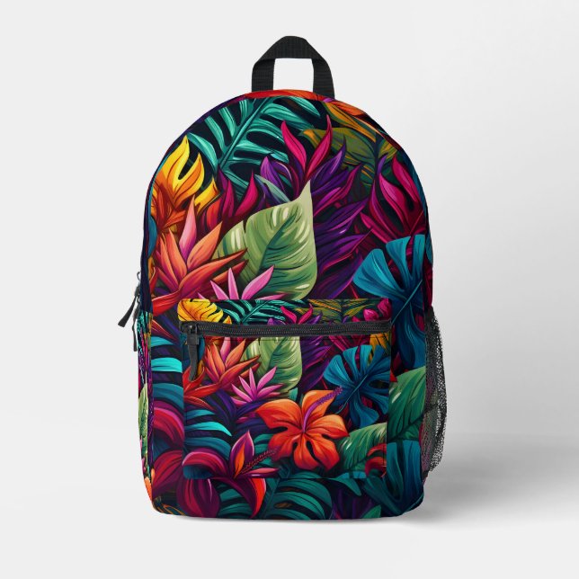 colourful tropical leaf pattern printed backpack (Front)