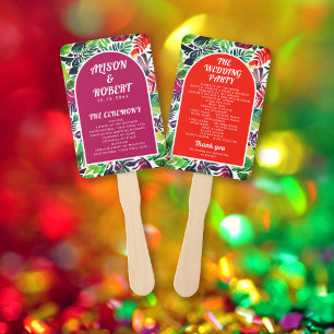 Colourful tropical leaves and arch wedding program hand fan