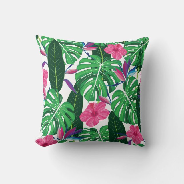 Colourful Tropical leaves and flowers jungle Cushion (Front)