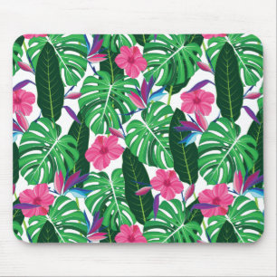 Colourful Tropical leaves and flowers jungle Mouse Mat