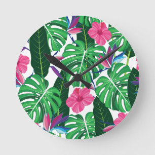 Colourful Tropical leaves and flowers jungle Round Clock