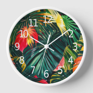 Colourful Tropical Leaves and Hibiscus Flowers Clock