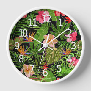 Colourful Tropical Leaves and Hibiscus Flowers   Clock