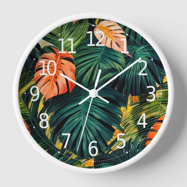 Colourful Tropical Leaves and Hibiscus Flowers | Clock (Front)