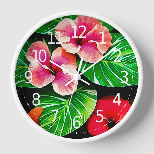 Colourful Tropical Leaves and Hibiscus Flowers | Clock (Front)