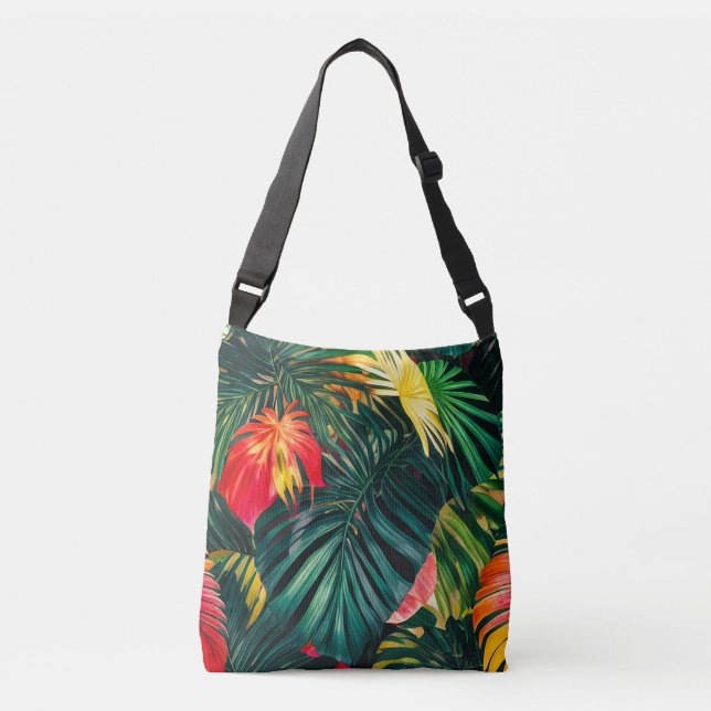 Colourful Tropical Leaves and Hibiscus Flowers | Crossbody Bag (Front)