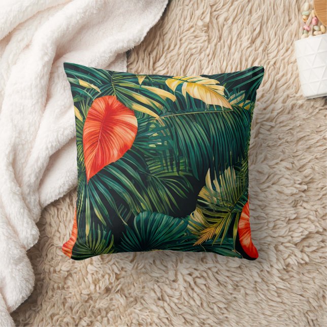 Colourful Tropical Leaves and Hibiscus Flowers | Cushion (Blanket)