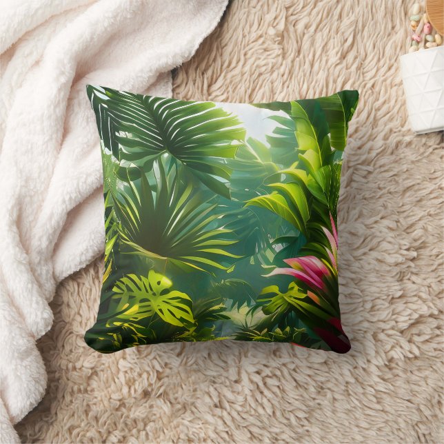 Colourful Tropical Leaves and Hibiscus Flowers | Cushion (Blanket)