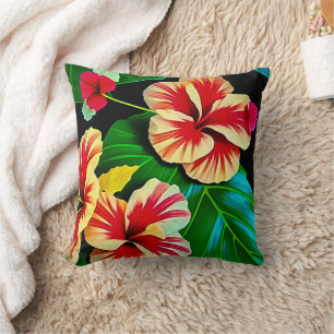 Colourful Tropical Leaves and Hibiscus Flowers Cushion