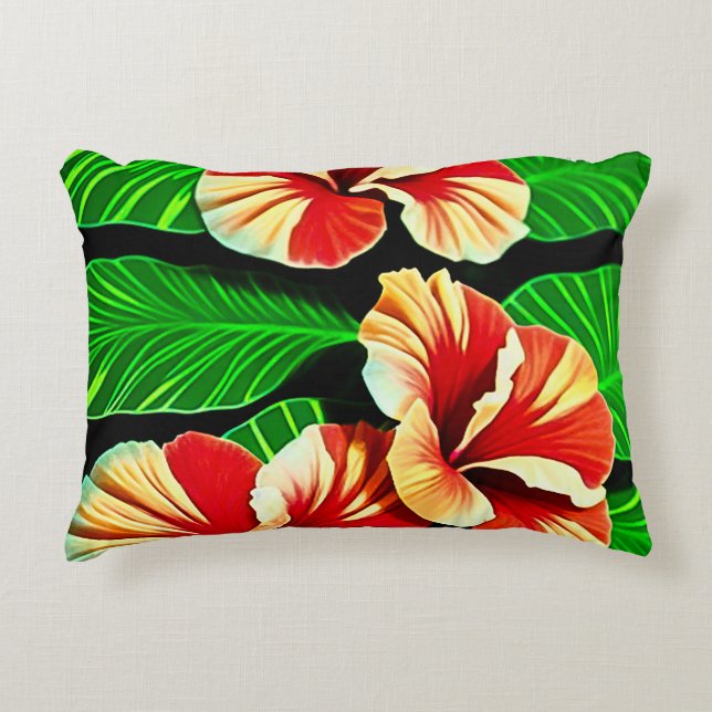 Colourful Tropical Leaves and Hibiscus Flowers | Decorative Cushion (Front)