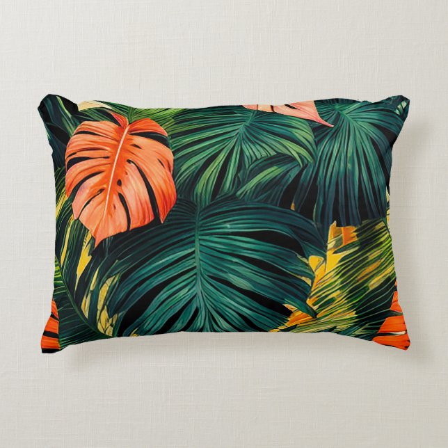 Colourful Tropical Leaves and Hibiscus Flowers | Decorative Cushion (Front)