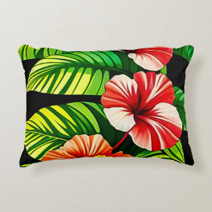 Colourful Tropical Leaves and Hibiscus Flowers Decorative Cushion