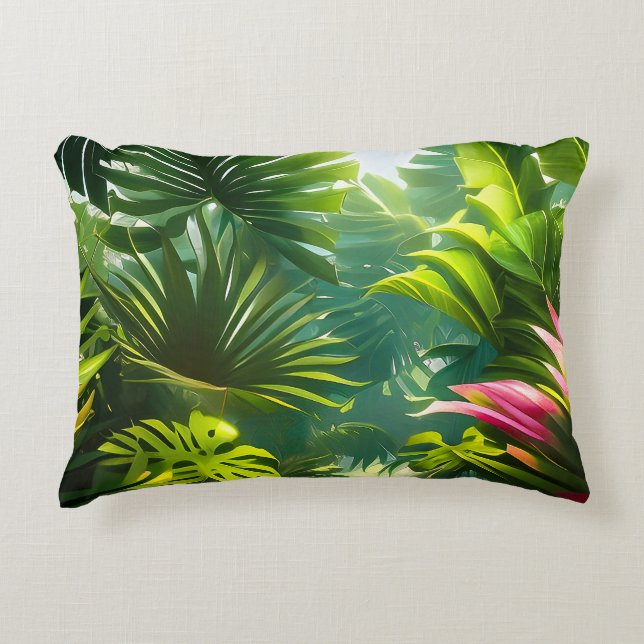 Colourful Tropical Leaves and Hibiscus Flowers | Decorative Cushion (Front)