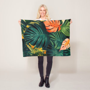 Colourful Tropical Leaves and Hibiscus Flowers Fleece Blanket
