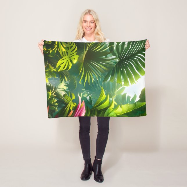 Colourful Tropical Leaves and Hibiscus Flowers | Fleece Blanket (In Situ)