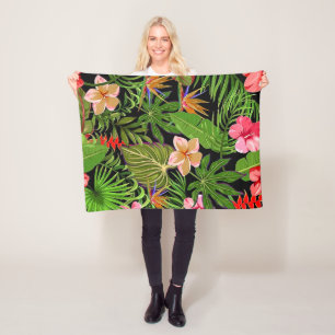 Colourful Tropical Leaves and Hibiscus Flowers   Fleece Blanket