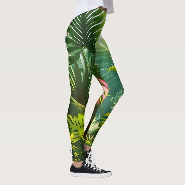 Colourful Tropical Leaves and Hibiscus Flowers | Leggings (Right)