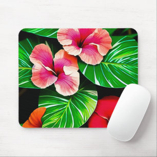 Colourful Tropical Leaves and Hibiscus Flowers Mouse Mat