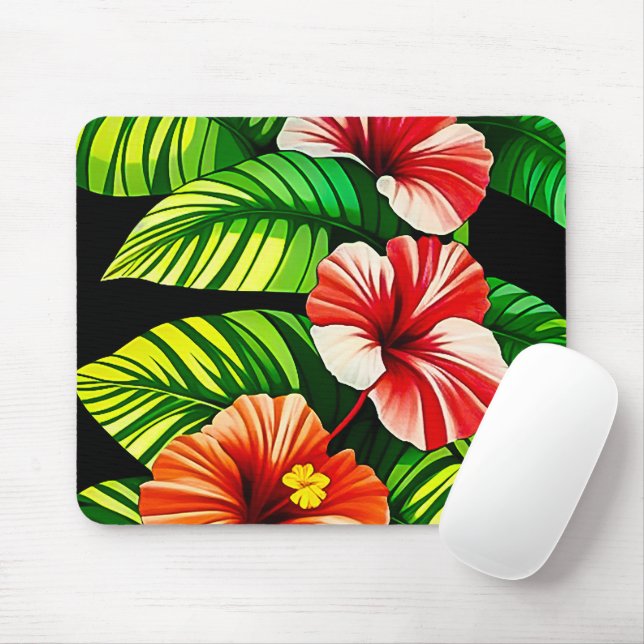 Colourful Tropical Leaves and Hibiscus Flowers | Mouse Mat (With Mouse)