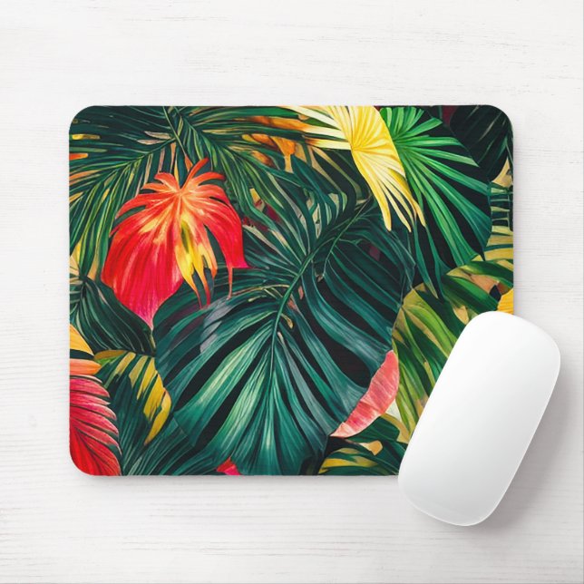 Colourful Tropical Leaves and Hibiscus Flowers | Mouse Mat (With Mouse)