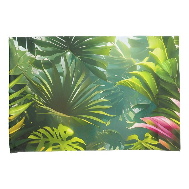 Colourful Tropical Leaves and Hibiscus Flowers | Pillowcase (Front-Right)