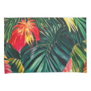 Colourful Tropical Leaves and Hibiscus Flowers   Pillowcase