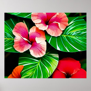 Colourful Tropical Leaves and Hibiscus Flowers Poster