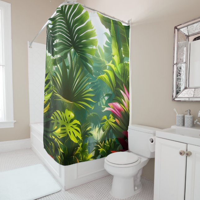 Colourful Tropical Leaves and Hibiscus Flowers | Shower Curtain (In Situ)