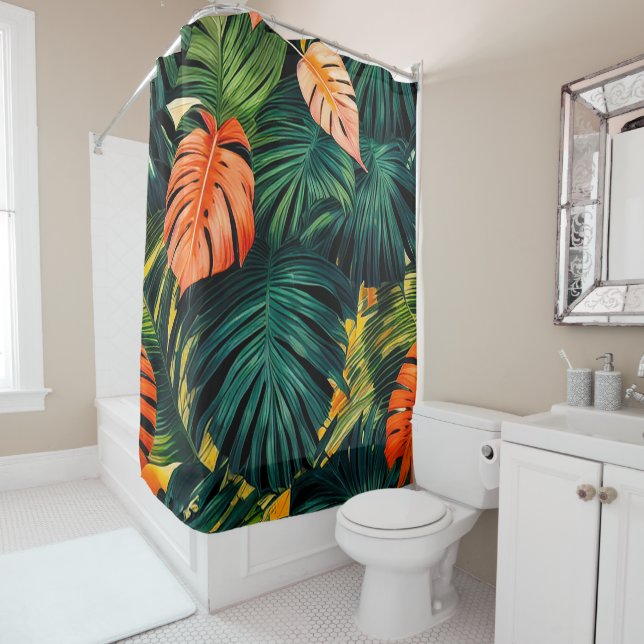 Colourful Tropical Leaves and Hibiscus Flowers | Shower Curtain (In Situ)