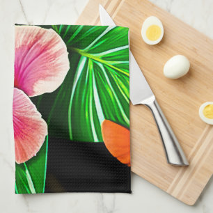 Colourful Tropical Leaves and Hibiscus Flowers   Tea Towel