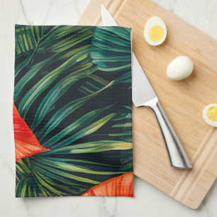 Colourful Tropical Leaves and Hibiscus Flowers   Tea Towel