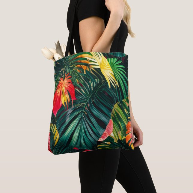 Colourful Tropical Leaves and Hibiscus Flowers | Tote Bag (Close Up)