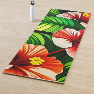 Colourful Tropical Leaves and Hibiscus Flowers   Yoga Mat