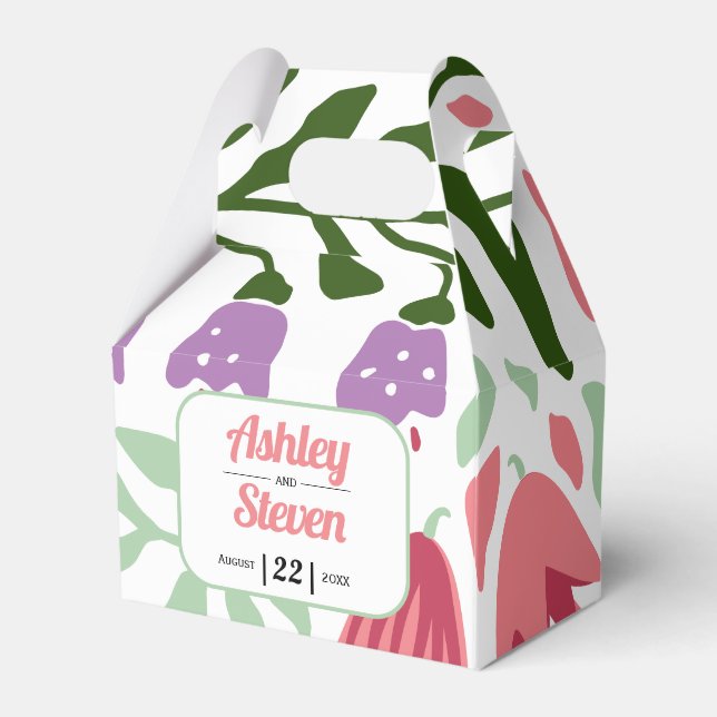 Colourful tropical leaves, arch maximalist wedding favour box (Front Side)