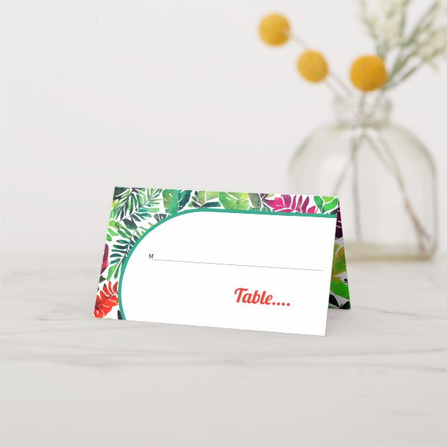Colourful tropical leaves, arch maximalist wedding place card (Front)