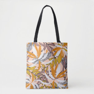 Colourful tropical leaves, beige background patter tote bag