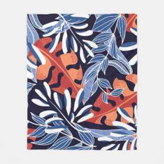 Colourful Tropical Leaves Blue Background Fleece Blanket