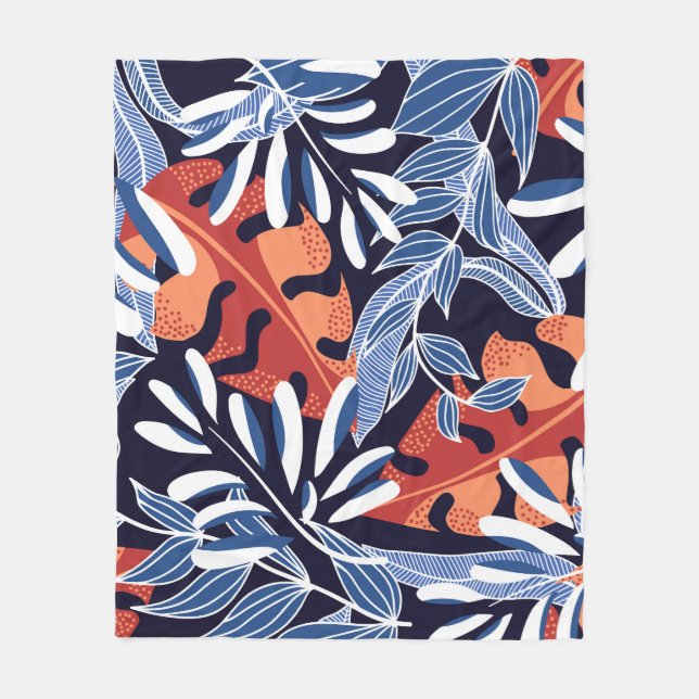 Colourful Tropical Leaves Blue Background Fleece Blanket (Front)