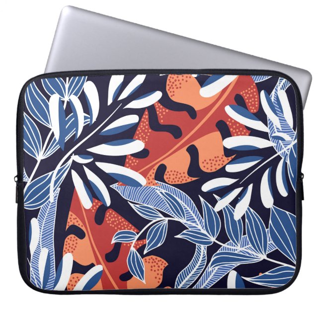 Colourful Tropical Leaves Blue Background Laptop Sleeve (Front)