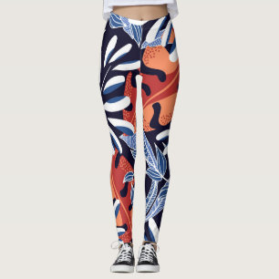 Colourful Tropical Leaves Blue Background Leggings