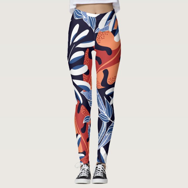 Colourful Tropical Leaves Blue Background Leggings (Front)