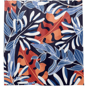 Colourful Tropical Leaves Blue Background Shower Curtain