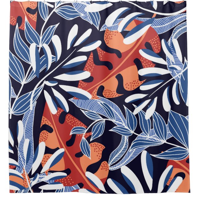Colourful Tropical Leaves Blue Background Shower Curtain (Front)