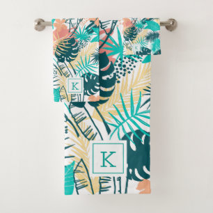 Colourful tropical leaves collage monogram bath towel set