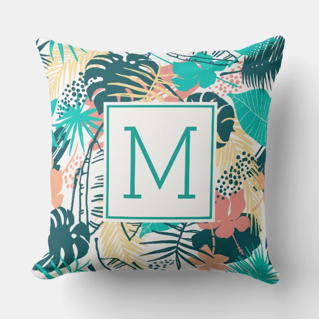 Colourful tropical leaves collage monogram cushion (Front)