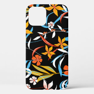 Colourful tropical leaves: dark background pattern iPhone 12 case