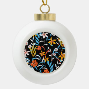 Colourful tropical leaves: dark background pattern ceramic ball christmas ornament