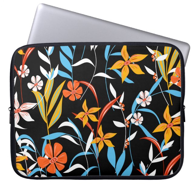 Colourful tropical leaves: dark background pattern laptop sleeve (Front)